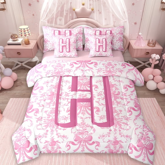 Erosebridal Monogrammed Bedding Sets Twin Size,Bowknot Bow Flower Comforter Sets with Sheets,Initial Letter H Bed in a Bag Twin Size,Lightweight Bedroom Decor Reversible,7-Piece