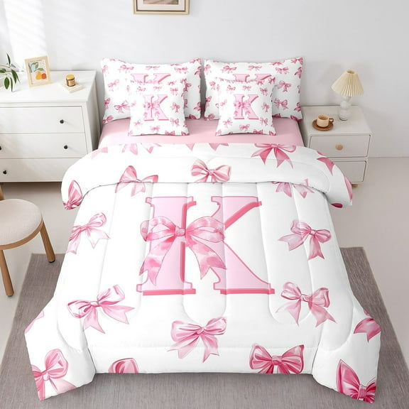 Erosebridal Monogrammed Bow Bed in a Bag Full size,Personalized Initial Bed Set,Bowknot Decoration,Reversible,7pcs