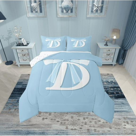 Erosebridal Monogrammed D Comforter Sets Twin Size, Initial Letter Comforters & Duvets, Blue Bow Reversible Duvet Insert, Super Cozy Bedroom Decor, 2 Pieces