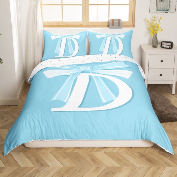 Erosebridal Monogrammed D Duvet Cover Twin, Initial Letter Bedding Sets Twin Size, Blue Bow Reversible Comforter Cover Twin, Super Cozy Bedroom Decor, 2 Pieces（No Comforter）