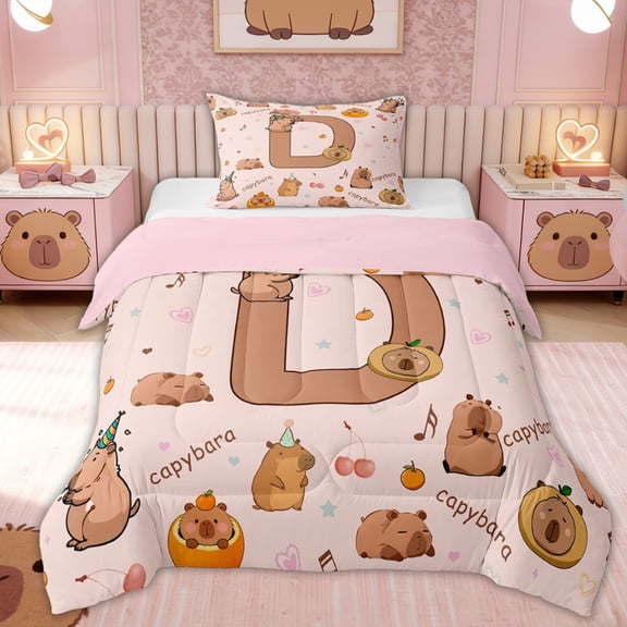 Erosebridal Monogrammed D Kids Twin Comforter Sets, Capybara Aniaml Bedding Set, 2 Pieces, Pink Reversible