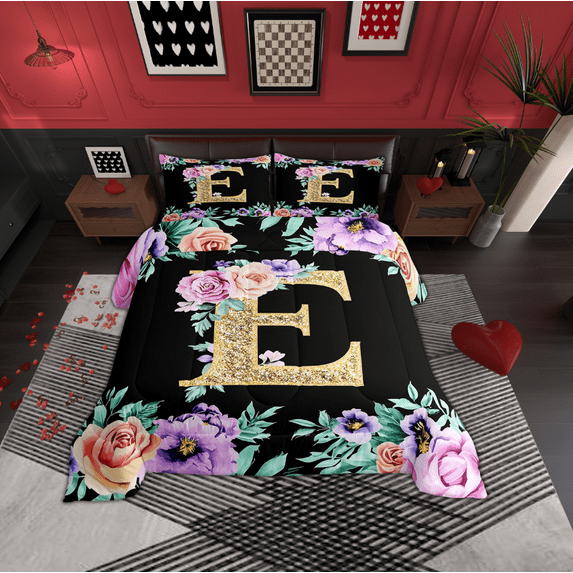 Erosebridal Monogrammed E Comforter Sets Full Size, Initial Letter Comforters & Duvets, Romantic Rose Reversible Duvet Insert, Microfiber Room Decor, 3-Piece