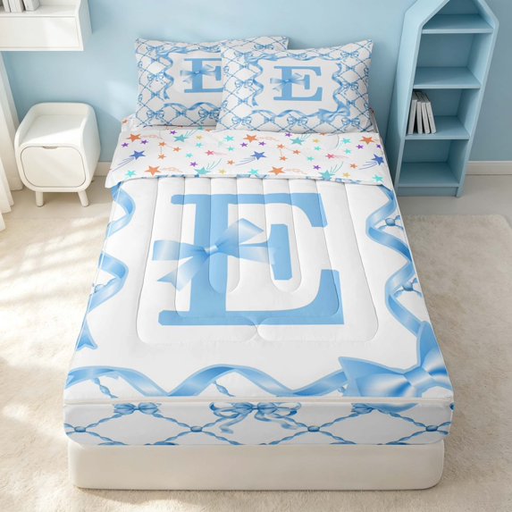 Erosebridal Monogrammed E Zipper Twin Comforter Sets with Fitted Sheet and 2 Pillowcases, Cartoon Bowknot Zipper Bedding Set, Stars Reversible, Baby Blue, Stars Reversible