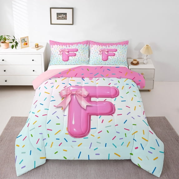 Erosebridal Monogrammed F Bedding Sets Twin with Comforter,Cute Bowknot Duvet Insert,Colorful Dessert Comforter Sets Twin Size,Microfiber Room Decorative Reversible,2pcs