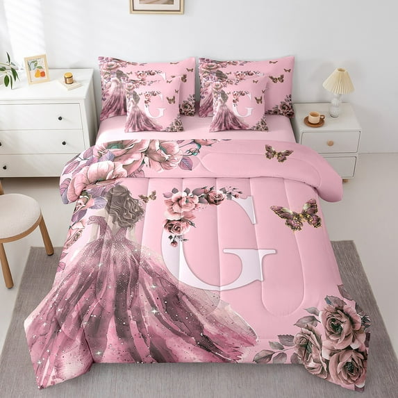 Erosebridal Monogrammed G Bed in a Bag Twin size, Western Princess Bedding Twin Size, Rose Butterfly Reversible Bed Set, Lightweight Room Decor, 7-Piece