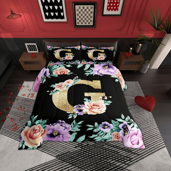 Erosebridal Monogrammed G Bedding Sets Full with Comforter, Rose Flower Comforter Sets Full Size, Vintage Fashion Reversible Duvet Insert, Lightweight Room Decorative, 3-Piece