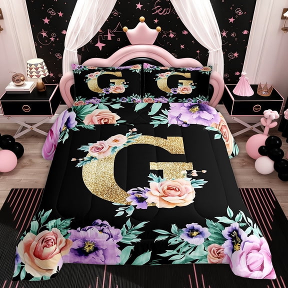 Erosebridal Monogrammed G Bedding Twin Comforter Set, Rose Flower Down Comforter, Vintage Fashion Reversible Comforters & Duvets, Lightweight Room Decorative, 2-Piece