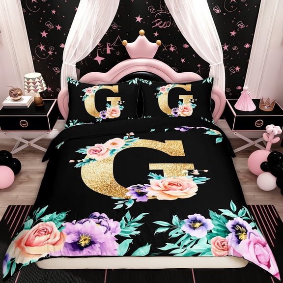 Erosebridal Monogrammed G Comforter Cover Twin for Kids Girls, Rose Flower Vintage Fashion Bedding Twin Size, Black Reversible, 1 Duvet Cover and 1 Pillowcase (No Comforter)