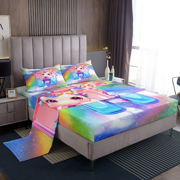 Erosebridal Monogrammed H Bed Sheets Set Twin Size, Kawaii Unicorn Bedding Twin Size, Cartoon Rainbow Sheet Set Twin, Ultra Soft Bedroom Decoration, 3pcs