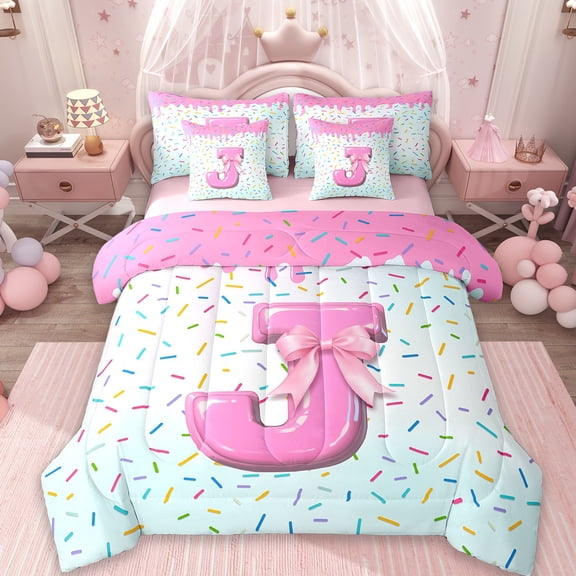 Erosebridal Monogrammed J Bedding Queen Size,Cute BowknotComforter Sets with Sheets,Colorful Dessert Bedding Sets Queen Size,Microfiber Room Decorative Reversible,7pcs