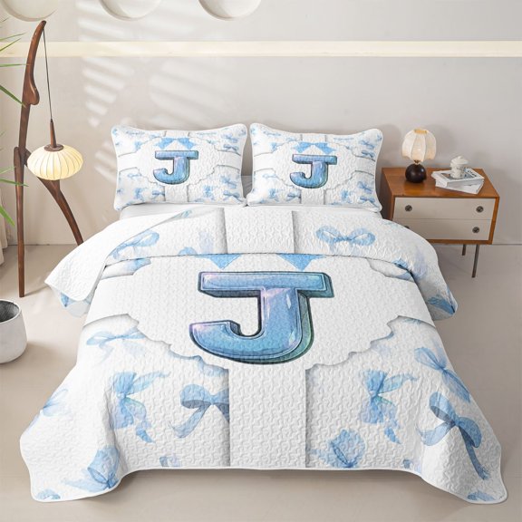 Erosebridal Monogrammed J Twin Quilt Set for Boys Girls, Blue Princess Ribbon Twin Coverlet Set, 2pcs