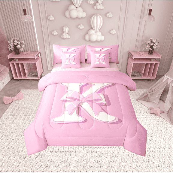 Erosebridal Monogrammed K Bed in a Bag Twin size, Initial Letter Bed Set, Pink Bow Reversible Bedding Twin Size, Super Cozy Bedroom Decor, 7-Piece