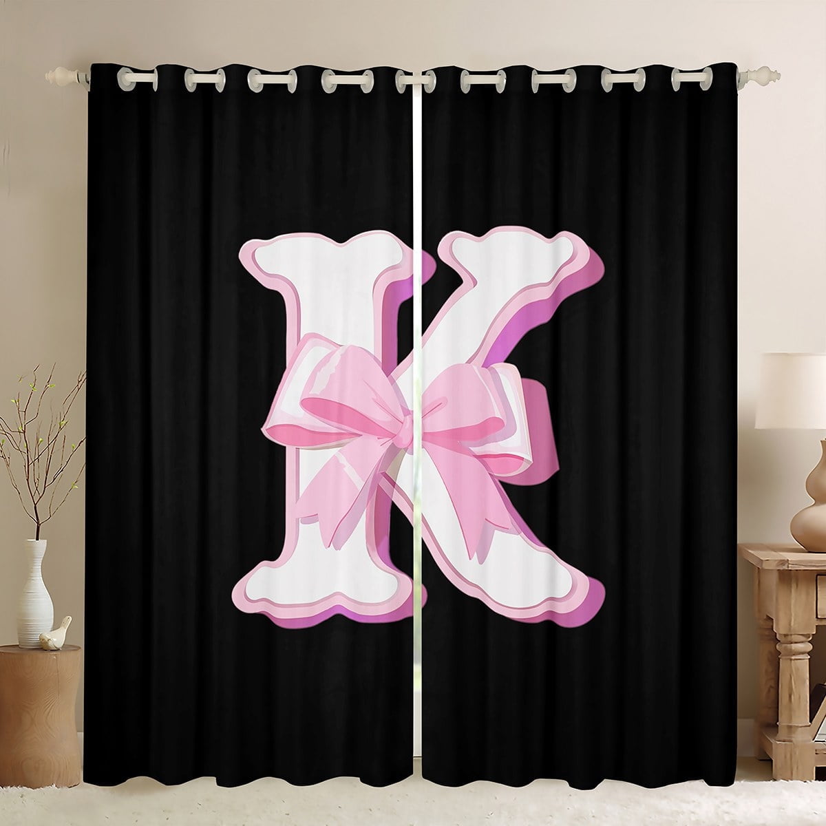 Erosebridal Monogrammed K Curtains Pack of 2 (38x54), Initial Letter 30%-50% Black Out Curtains, Pink Bow Curtains for Living Room, Window Curtains Bedroom Decor