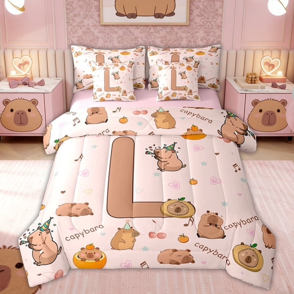 Erosebridal Monogrammed L Twin Bedding Sets for Kid, Capybara Lover Bedding Comforter Set, Pink Reversible, 7pcs