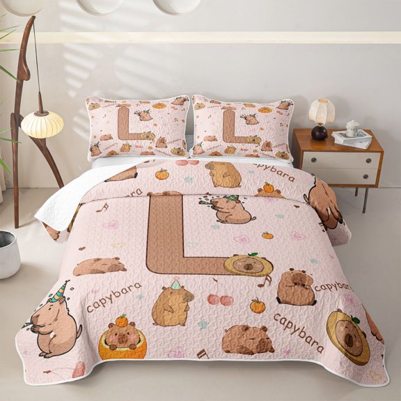 Erosebridal Monogrammed L Twin Quilt Set for Girls Boys, Capybara Lover Twin Coverlet Set, 2pcs