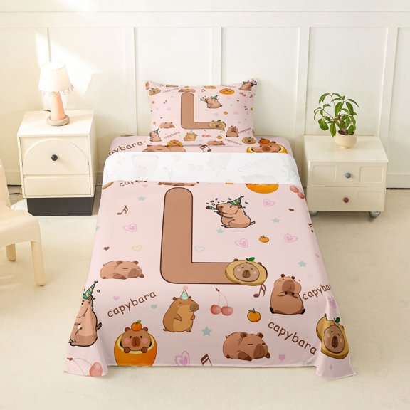Erosebridal Monogrammed L Twin Sheet Sets for Kid, Capybara Lover Bedding, 3pcs