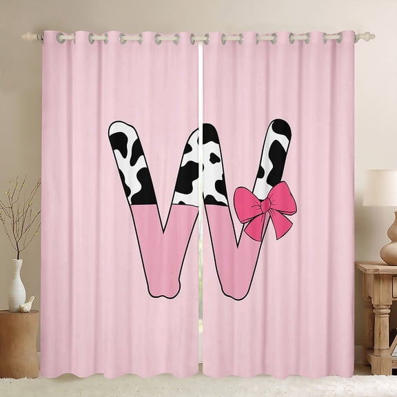 Erosebridal Monogrammed Letter Curtains and Drapes (38Wx54L),Cattle Print 30%-50% Blackout Curtains for Bedroom,Curtains for Living Room,Pink Bow Tie Decoration