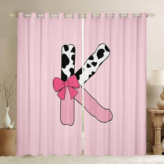 Erosebridal Monogrammed Letter Curtains Pack of 2 (42Wx63L),Cattle Print 30%-50% Black Out Curtains,Curtains for Living Room,Pink Bow Tie Decoration