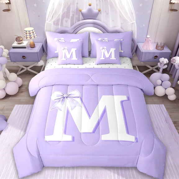 Erosebridal Monogrammed M Bedding Sets Twin Size,Cute Bowknot Comforter Sets with Sheets,Purple White Bed in a Bag Twin Size,Microfiber Room Decorative,7-Piece