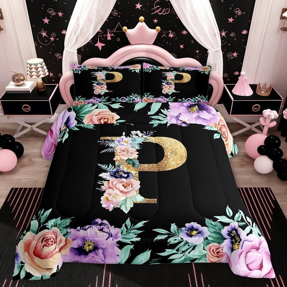 Erosebridal Monogrammed P Bedding Twin Comforter Set, Initial Letter Down Comforter, Romantic Rose Reversible Comforters & Duvets, Microfiber Room Decor, 2 Pieces