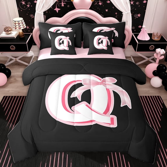 Erosebridal Monogrammed Q Comforter Bedding Sets Twin Size, Pink Princess Bow Initial Letter Reversible Bed Set, 7 Pieces