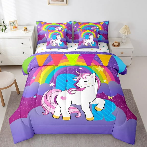 Erosebridal Monogrammed R Bed in a Bag Twin size, Dreamy Unicorn Bedding Sets Twin Size, Initial A to Z Letter Reversible Comforter Sets with Sheets, Ultra Soft Room Decoration, 7pcs