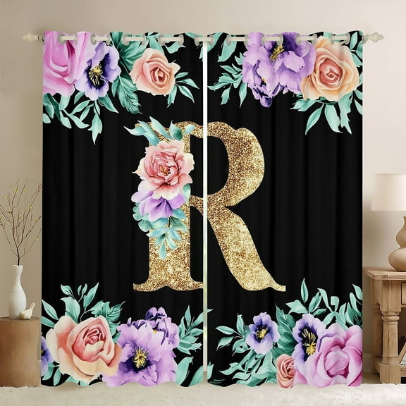 Erosebridal Monogrammed R Curtains and Drapes (42x63), Rose Flower 30%-50% Blackout Curtains for Bedroom, Vintage Fashion Curtains for Living Room, Window Drapes Room Decorative