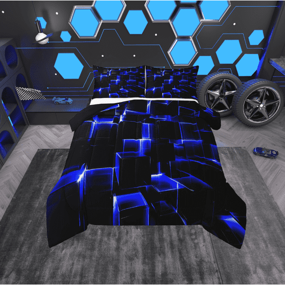 Erosebridal Geometric Buffalo Bedding Twin Comforter Set,Black Blue Down Comforter,Lightweight Reversible Bedding Sets Twin with Comforter,Plaid Decor,3pcs