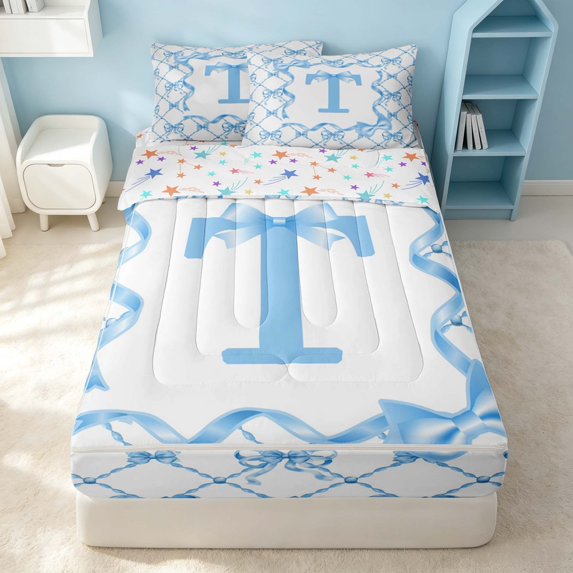 Erosebridal Monogrammed T Zipper Queen Comforter Set with Fitted Sheet and 2 Pillowcases, Princess Bow-Tie Zipper Bedding Set, Stars Reversible, Baby Blue, Stars Reversible
