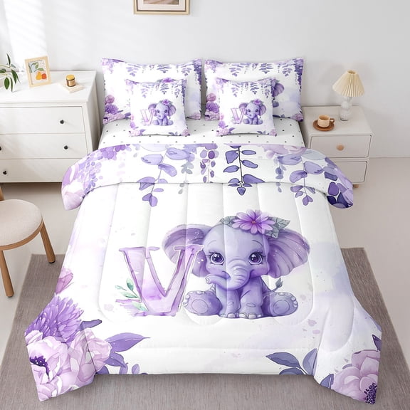 Erosebridal Monogrammed V Bed in a Bag Full Size,Kawaii Elephant Bed Set,Purple Botanical Flower Bedding Full Size For Girls,Microfiber Bedroom Decorative Reversible,7 Pieces