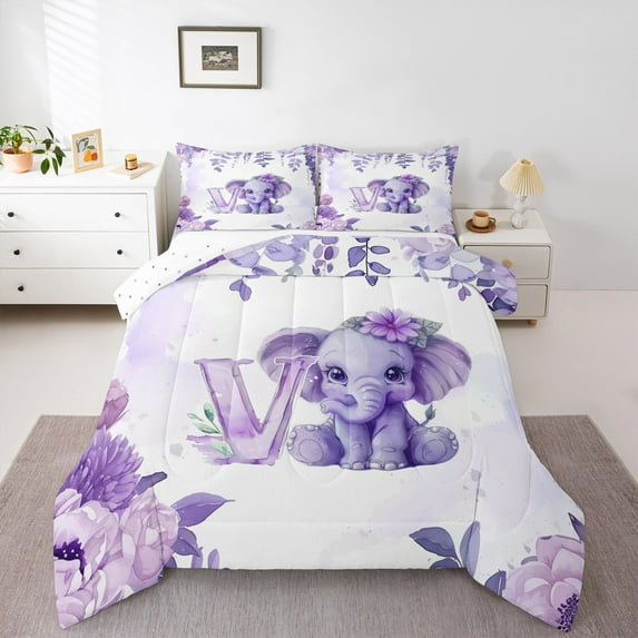Erosebridal Monogrammed V Bedding Sets Full with Comforter,Kawaii Elephant Duvet Insert,Purple Botanical Flower Comforter Sets Full Size For Girls,Microfiber Bedroom Decorative Reversible,3pcs