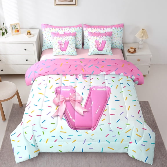 Erosebridal Monogrammed V Bedding Sets Twin Size,Cute Bowknot Comforter Sets with Sheets,Colorful Dessert Bed in a Bag Twin Size,Microfiber Room Decorative Reversible,7-Piece