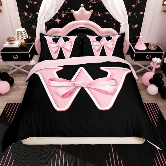 Erosebridal Kids Monogrammed W Bedding Comforter Cover Twin Size, Girly Pink Bow Reversible Duvet Cover Twin, 2 Pieces（No Comforter）