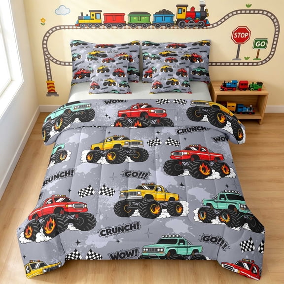 Erosebridal Monster Truck Full Size Bedding Sets, Checkered Flag Full Size Bed in a Bag, Gray White, Gray Reversible 7pcs