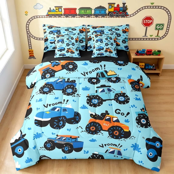 Erosebridal Monster Truck Full Size Bedding Sets, Off-Road Full Size Bed in a Bag, Dark Blue, Black Reversible 7pcs