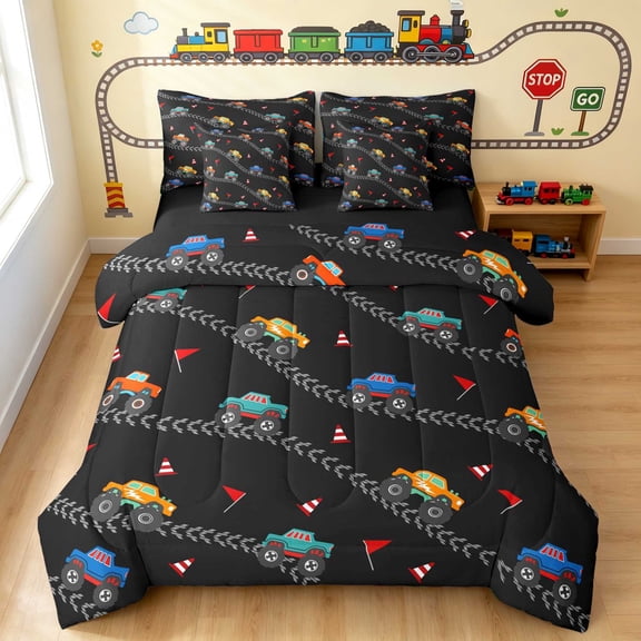 Erosebridal Monster Truck Full Size Bedding Sets, Tire Track Full Size Bed in a Bag, Black, Black Reversible 7 Pieces