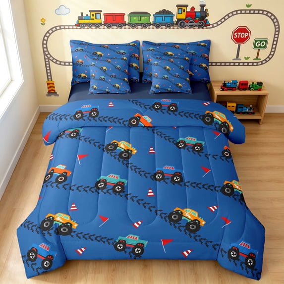 Erosebridal Monster Truck King Bedding, Tire Track King Bed in a Bag, Blue, Navy Reversible 7 Pieces