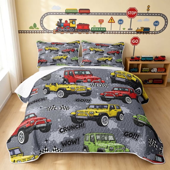 Erosebridal Monster Truck Quilt King, Checkered Flag King Coverlet Set, Red Yellow 3pcs 1 Bedspread and 2 Pillowcases