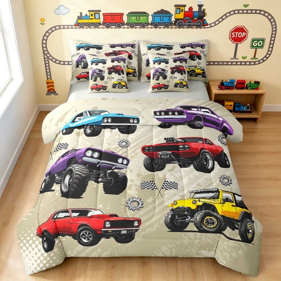 Erosebridal Monster Truck Twin Bedding, White Background Bedding Comforter Set, Monster Trucks White, Gray Reversible 7pcs