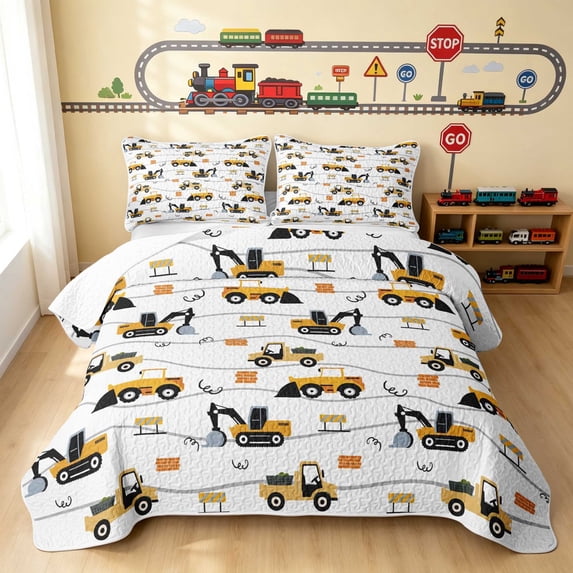 Erosebridal Monster Truck Twin Quilt Set, Tire Track Twin Coverlet Set, White 2-Piece 1 Bedspread and 1 Pillowcase