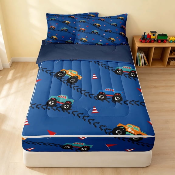 Erosebridal Monster Truck Zipper Queen Comforter Set with Fitted Sheet and 2 Pillowcases, Tire Track Zipper Bedding Set, Blue, Navy Reversible