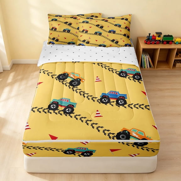 Erosebridal Monster Truck Zipper Queen Comforter Set with Fitted Sheet and 2 Pillowcases, Tire Track Zipper Bedding Set, Yellow, Reversible