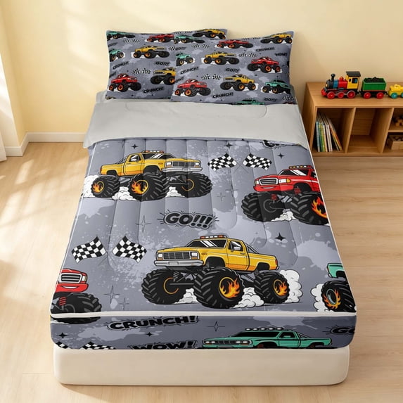 Erosebridal Monster Truck Zipper Twin Comforter Sets with Fitted Sheet and 2 Pillowcases, Checkered Flag Zipper Bedding Set, Gray White, Gray Reversible