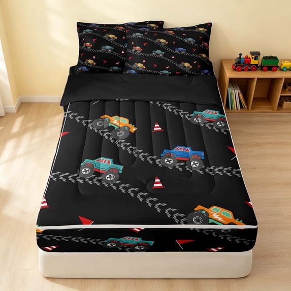 Erosebridal Monster Truck Zipper Twin Comforter Sets with Fitted Sheet and 2 Pillowcases, Tire Track Zipper Bedding Set, Black, Black Reversible
