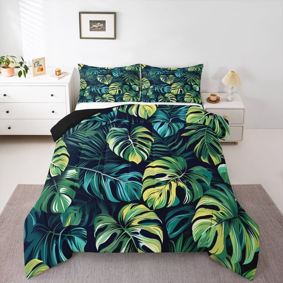 Erosebridal Monstera Leaves Comforter Sets King Size,Rainforst Plant Comforters & Duvets,Green Blue Bedding King Comforter Set,Microfiber Room Decorative Reversible,3-Piece