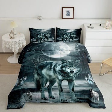 Erosebridal Moon Wolf Queen Comforter Set Woodland Animal Bedding Set Jungle Down Comforter Hippie Moon Night Duvet Set Bedroom Decoration,Breathable 3 Piece (Black Grey)