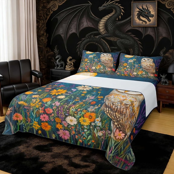 Erosebridal Moonlit Owl Wildflower Full Size Sheets for Men and Women, Teal Orange Whimsical Bed Sheets, 4pcs, 1 Flat Sheet, 1 Fitted Sheet and 2 Pillowcases