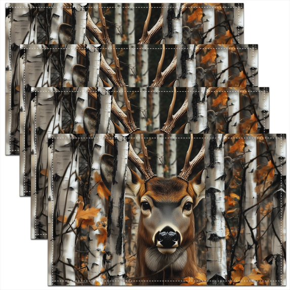 Erosebridal Moose Deer Place Mats Set of 4 for in Door Dinning, Woodland Wildlife Table Place Mats for in Door Dining, Rustic Birch Decor