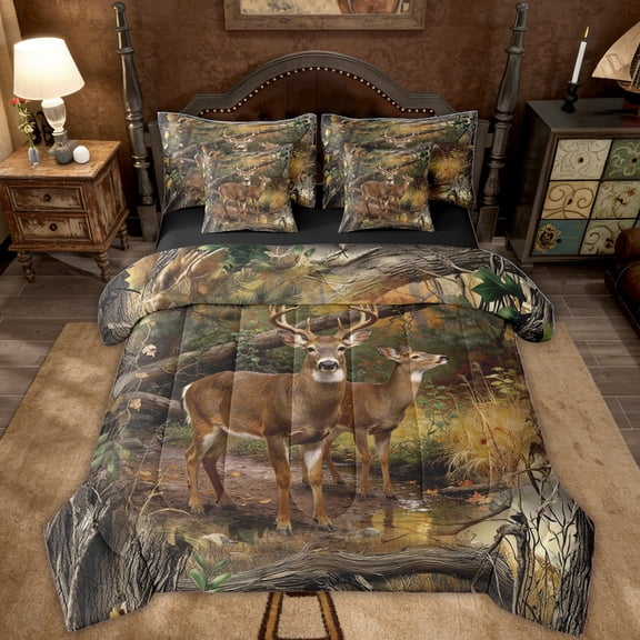 Erosebridal Moose Elk Kids Bedding Comforter Set, Rustic Deer Animals King Bedding Sets, Black Reversible, 7pcs