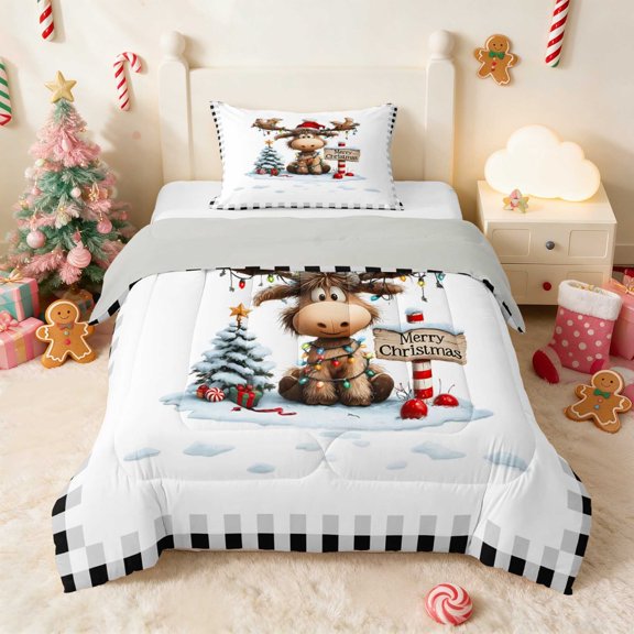 Manfei Moose Twin Comforter Sets Holiday Bedding Set, Red Green 2pcs 1 Comforter and 1 Pillowcase, Gray Reversible